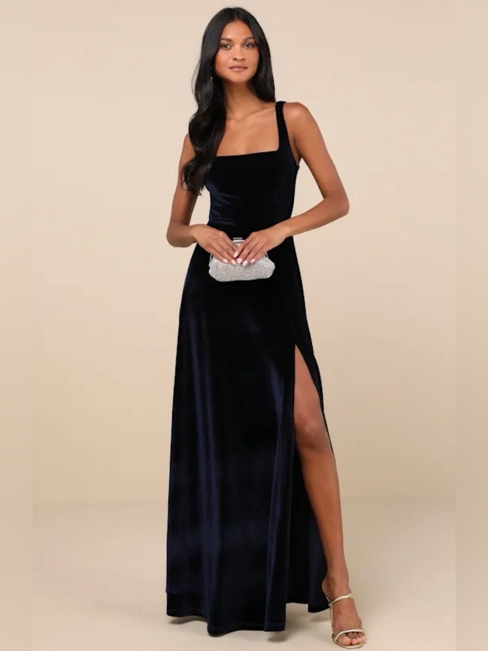 Lulus Graceful Invite Navy Blue Velvet Square Neck Lace-Up Maxi Dress S NWT